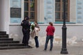 Moscow, Russia: 08.16.2020. Presidential elections in Belarus. Police forbid girls from putting white flowers at the building Royalty Free Stock Photo