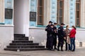 Moscow, Russia: 08.16.2020. Presidential elections in Belarus. Police forbid girls from putting white flowers at the building Royalty Free Stock Photo