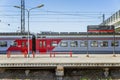 Moscow: Russia, 11/05/2020: Railway platform at the Kryukovo station of the Leningrad direction with the train Lastochka standing