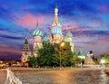 Moscow, Russia - Red square view of St. Basil`s Cathedral at night, nobody Royalty Free Stock Photo