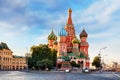 Moscow, Russia - Red square view of St. Basil`s Cathedral at sunrise, nobody Royalty Free Stock Photo