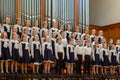 Children`s choir and soloists on stage before the start of the performance. Royalty Free Stock Photo