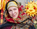 Moscow, Russia, Russian beauty at the celebration of Maslenitsa on Manezh square. Festival `The Moscow Maslenitsa 2019`.