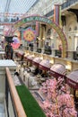 Russian religious holiday Maslenitsa. The GUM shopping center on Red Square is decorated for the spring holidays