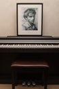 Schubert`s portrait on the piano. A composition of the composer portrait on the piano keyboard.