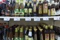 Moscow, Russia, 07/03/2020: A selection of Asian sauces on the shelves of a supermarket. Close-up. Front view