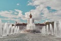 Fountain Stone Flower and Ukraine Pavilion on blue sky and clouds background panoramic view, summer Royalty Free Stock Photo