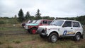 Moscow, Russia - September 2018: All-terrain vehicles in off-road race. Clip. Cars at the start of the race