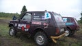 Moscow, Russia - September 2018: All-terrain vehicles in off-road race. Clip. Cars at the start of the race