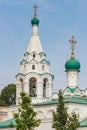 Moscow, Russia - September 13, 2019: Bell tower of Church of Saint Simeon the Stylite on Povarskaya street close-up on a blue sky Royalty Free Stock Photo