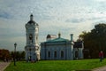 The bell tower of the Church of St. George and the water tower in the architectural ensemble of the Moscow Royal estate Royalty Free Stock Photo