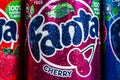 Cans of Fanta drink of different flavors in stock