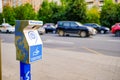 Moscow. Russia. September 04, 2020 A device for non-contact hand disinfection at a public transport stop on the roadway