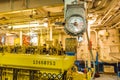 Moscow, Russia - September 21, 2020: Engine compartment of retro cruise liner Borodino. Full forward on the control panel