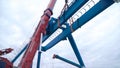 Moscow, Russia - September 2018: Gantry crane with hook for lifting. Clip. Construction site. Industrial plant.