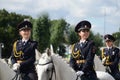 Girls - police cavalrymen take over the protection of public order on the streets of Moscow. Royalty Free Stock Photo