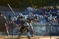 Moscow / Russia - September 23 2017: Historical steel aror knights are figting on tournament on fair for public show