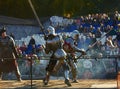 Moscow / Russia - September 23 2017: Historical steel aror knights are figting on tournament on fair for public show