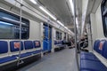 Moscow. Russia. September 26, 2020. Interior of a half-empty carriage of the Moscow metro at night. Several passengers Royalty Free Stock Photo