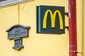 Moscow, Russia - September 13, 2019: McDonalds sign on the wall of building on Old Arbat street in Moscow close-up. McDonalds is Royalty Free Stock Photo