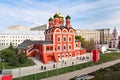 Moscow Kremlin and St. Basil`s Cathedral view in new Zaryadye Park, urban park located near Red Square in Moscow, Russia Royalty Free Stock Photo