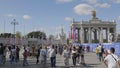 Moscow, Russia - September 28, 2018: Old Soviet architecture in VDNKh park Statues of collective farmers on September 28