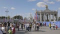 Moscow, Russia - September 28, 2018: Old Soviet architecture in VDNKh park Statues of collective farmers on September 28