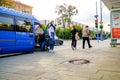 Moscow. Russia. September 4, 2020 Passengers leave the blue city minibus taxi at a public transport stop. Modern