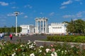 MOSCOW, RUSSIA - SEPTEMBER 22, 2018: Pavilion 66 Culture in VDNKh park. Beautiful landscape design with flowering rose bushes.