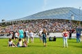 Moscow, Russia, September, 01, 2018. People walking near Large amphitheater `Steklyannaya Kora` in the Park `Zaryadye` in the cen