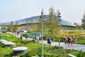 Moscow, Russia, September, 01, 2018. People walking near Large amphitheater `Steklyannaya Kora` in the Park `Zaryadye` in the cen