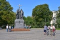 Moscow, Russia, September, 01, 2018. People walking next to the monument to Cyril and Methodius on Slavyanskaya square in autumn