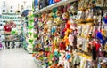 Moscow, Russia, September 2019: pet Store: shelves with toys for animals, houses and carriers. On a blurry background smiling