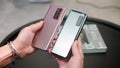 Moscow, Russia, September 2, 2020, Photo of the new 5g Samsung Galaxy Z fold 2 smartphone with amoled screen in the