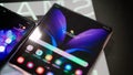 Moscow, Russia, September 2, 2020, Photo of the new 5g Samsung Galaxy Z fold 2 smartphone with amoled screen in the