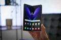 Moscow, Russia, September 2, 2020, Photo of the new 5g Samsung Galaxy Z fold 2 smartphone with amoled screen in the