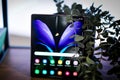 Moscow, Russia, September 2, 2020, Photo of the new 5g Samsung Galaxy Z fold 2 smartphone with amoled screen in the