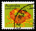 Postage stamp printed in Australia shows Coral Crab Trapezia areolata, Marine animals and minerals serie, circa 1973 Royalty Free Stock Photo