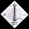 Postage stamp printed in Haiti shows Observation tower and World map Lilac, World Exposition Seattle serie, circa 1962