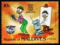 Postage stamp printed in Maldives shows Donald DuckÃÂ´s Family Portraits: Gyro Gearloose, Disney - The 50th Anniversary of Walt