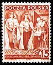 Postage stamp printed in Poland shows King Ladislas II and Queen Hedwig without swords, 20th anniversary of the Polish Republic