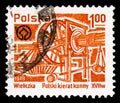 Postage stamp printed in Poland shows Mining machinery, Wieliczka ancient rock-salt mines serie, circa 1979