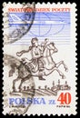 Postage stamp printed in Poland shows Postman on horseback, World Post Day, circa 1986