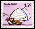 Postage stamp printed in Singapore shows Golekhan yacht, 15 c - Singapore cent, Ships serie, circa 1981