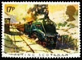 Postage stamp printed in United Kingdom shows Flying Scotsman, 17 p - British penny, Famous Trains serie, circa 198