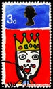 Postage stamp printed in United Kingdom shows King of the Orient, 3 d - British penny old, Christmas - Children`s Paintings