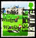 Postage stamp printed in United Kingdom shows The Old Course, 19 p - British penny, Saint Andrews, Scottish Golf Courses serie,