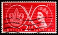Postage stamp printed in United Kingdom shows Scout badge and winding rope, World Scout Jubilee Jamboree serie, circa 1957