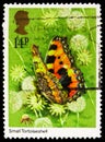 Postage stamp printed in United Kingdom shows Small Tortoiseshell (Aglais urticae), 14 p - British penny, Butterflies serie, circa