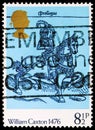 Postage stamp printed in United Kingdom shows William Caxton 1476 -Woodcut from The Canterbury Tales, 500th Anniversary of British Royalty Free Stock Photo